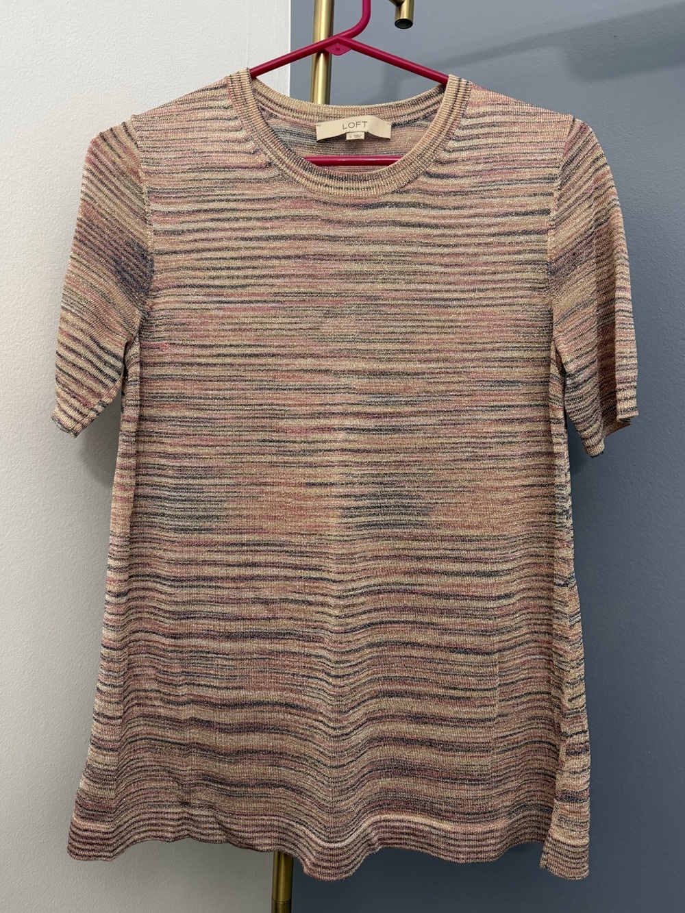 LOFT SMALL Multicolor ShimmeryStriped Short-Sleeve Knit Top — Pink, Blue & Cream